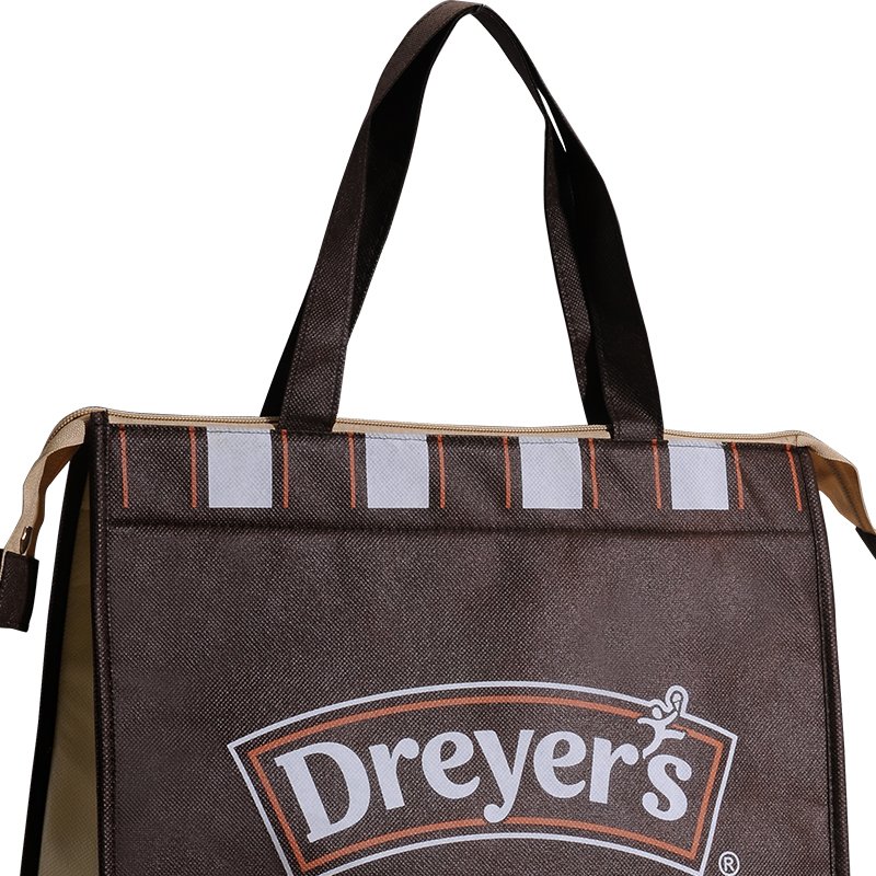 Front view of custom oxford insulated cooler bag with full zipper and nylon handles