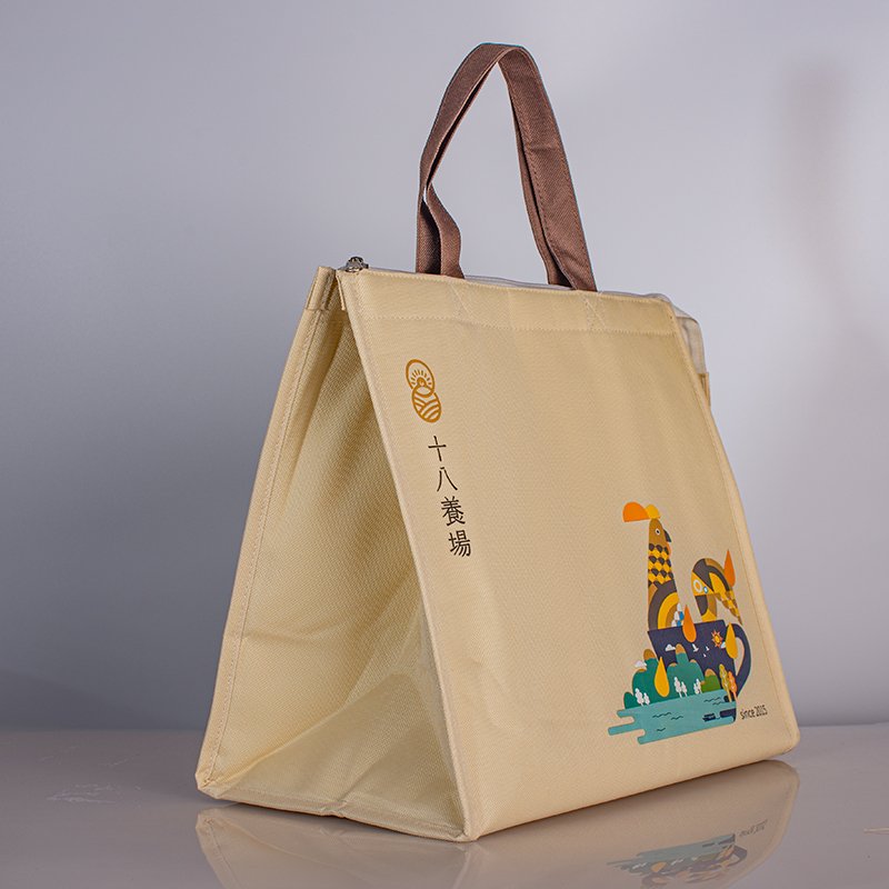 Side angled view showing the upright structure and sturdy bottom of the custom cooler bag