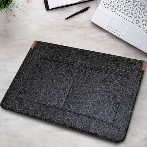 Back view showing two slip pockets on the custom felt laptop sleeve for phones and notebooks