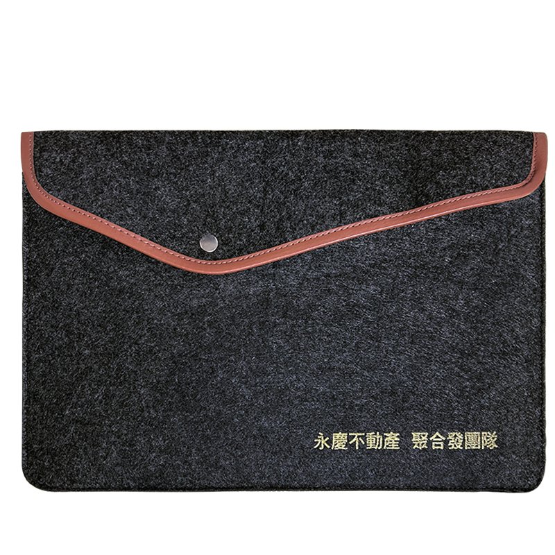  Deep grey felt document bag featuring a leather-trimmed flap and a gold-stamped company logo, ideal for corporate branding.