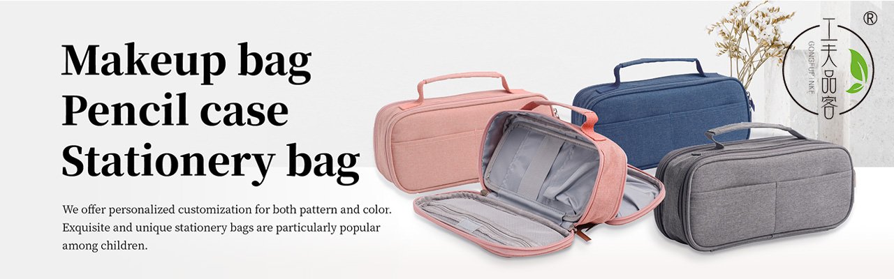 Custom stationery bags, pencil cases, and makeup organizers in grey, pink, and blue, showing open inner compartments.