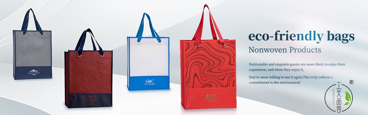 Custom eco-friendly nonwoven bags in various colors, patterns, and structural styles.