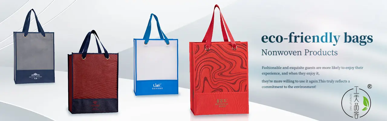 Custom eco-friendly nonwoven bags in various colors, patterns, and structural styles.